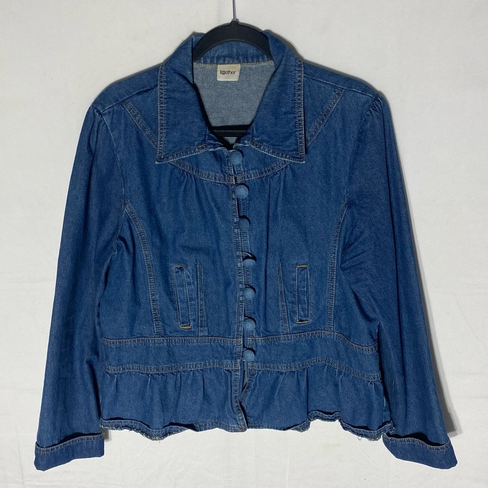 Vintage 90s Together Blue Denim Button Front Peplum Hem Jean Jacket S Festival